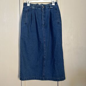 Vintage Womens Denim Skirt 6 100% Cotton Split Pockets Pleated Belt Loops Retro